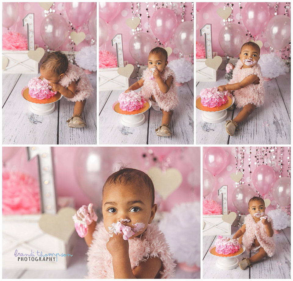 One year old baby girl with pink, white and silver cake smash set in plano, tx