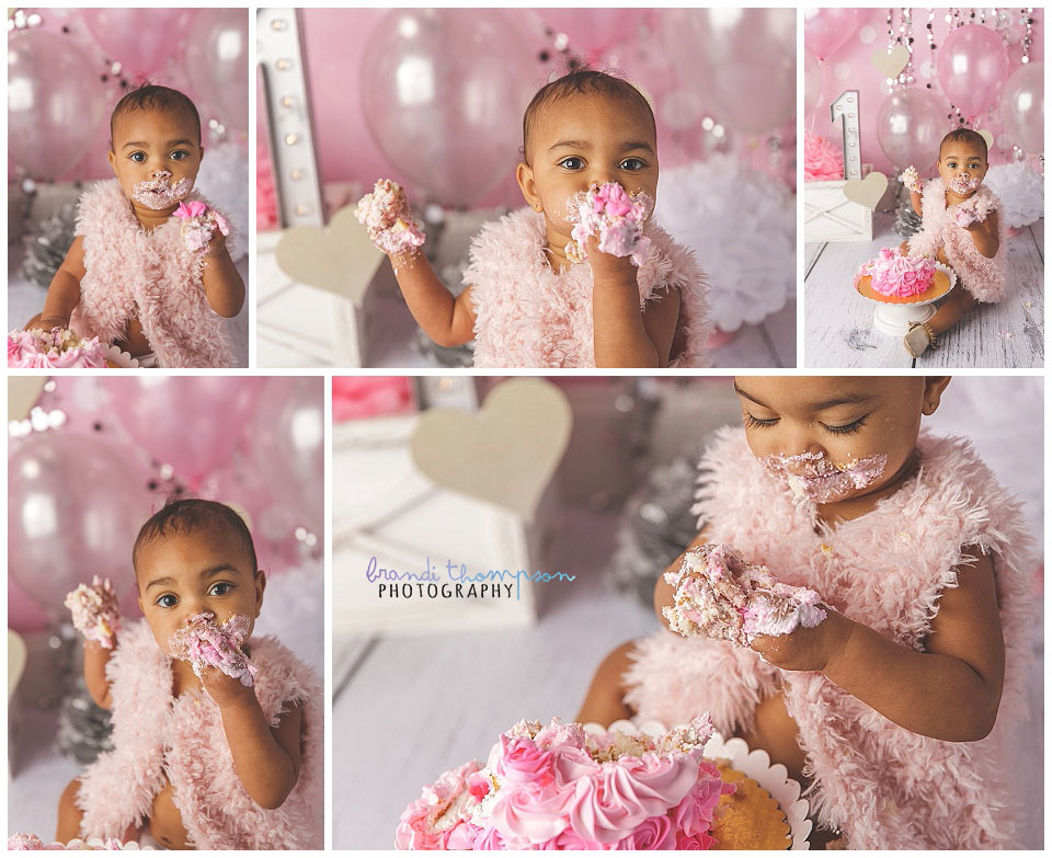 One year old baby girl with pink, white and silver cake smash set in plano, tx