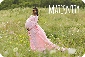 A South Asian pregnant woman in a long pink dress in a green field, text says maternity