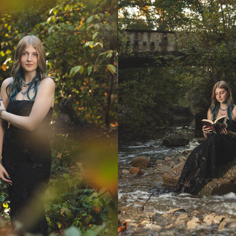 two photos of a senior girl with light skin and a black dress in the woods and one sitting on a rock in the water - plano senior photography