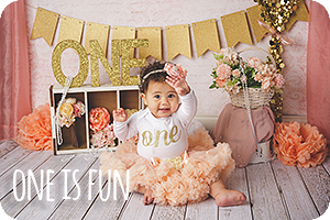 one year old baby girl in white shirt and peaceh skirt with pink and gold backdrop, text says one is fun