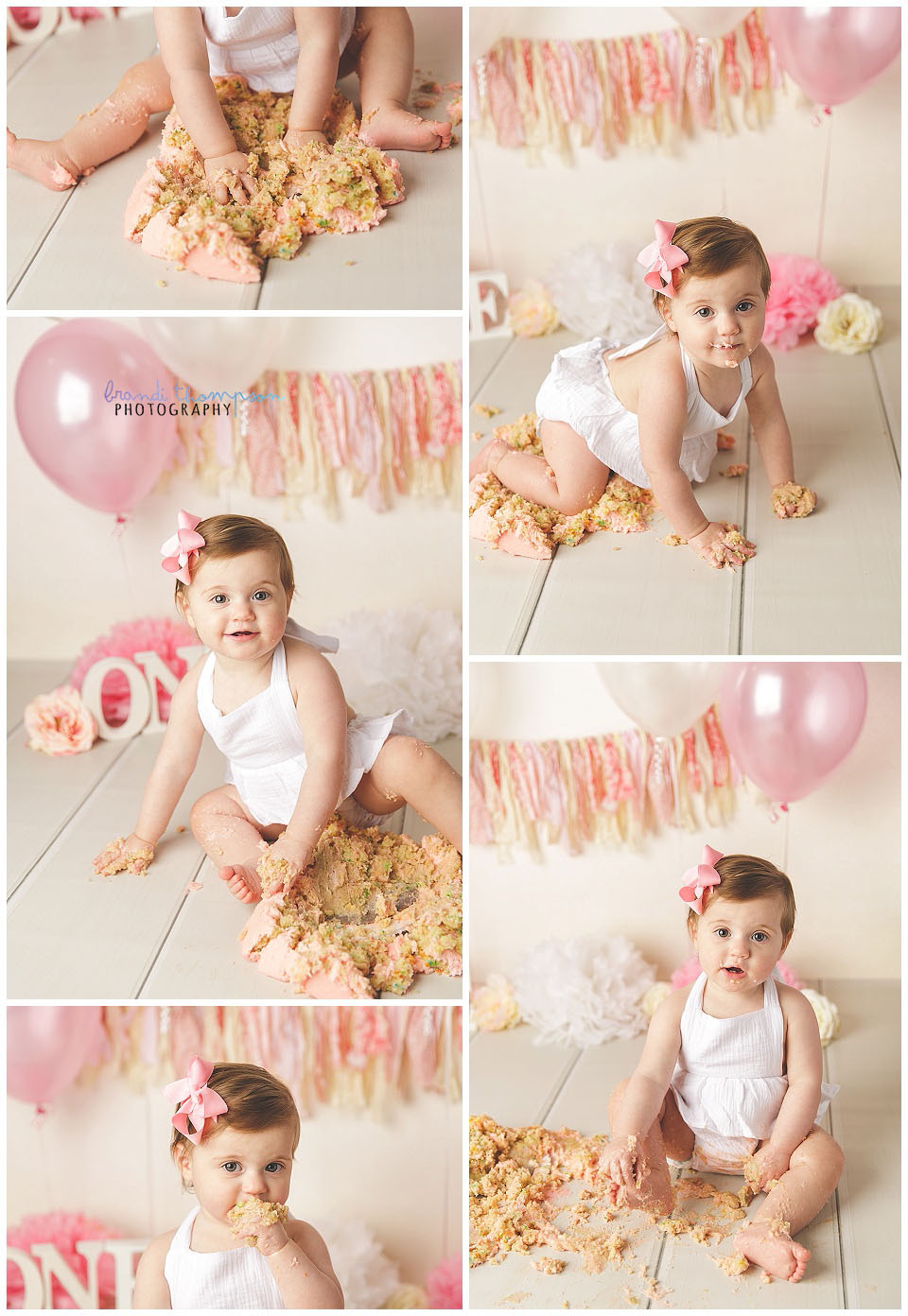 collage of one year old baby girl in studio with pink and white decorations, plano tx photography studio