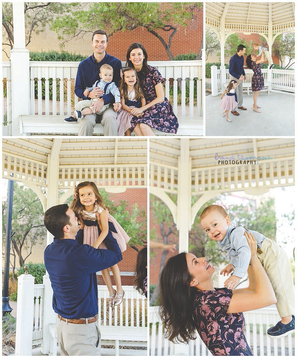 outdoor family session with vintage buildings in frisco texas. dad, mom, young daughter and baby boy