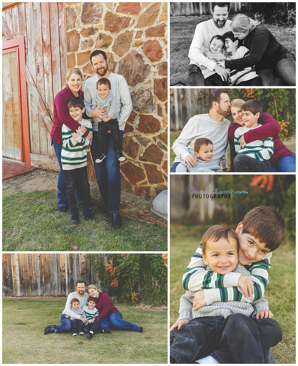 outdoor family photos with dad, mom, two young boys at a rustic setting in frisco, tx