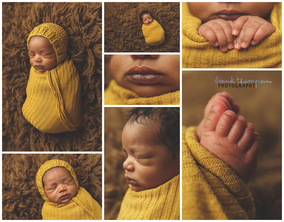 newborn baby boy sleeping in mustard wrap on brown rug - plano, tx studio