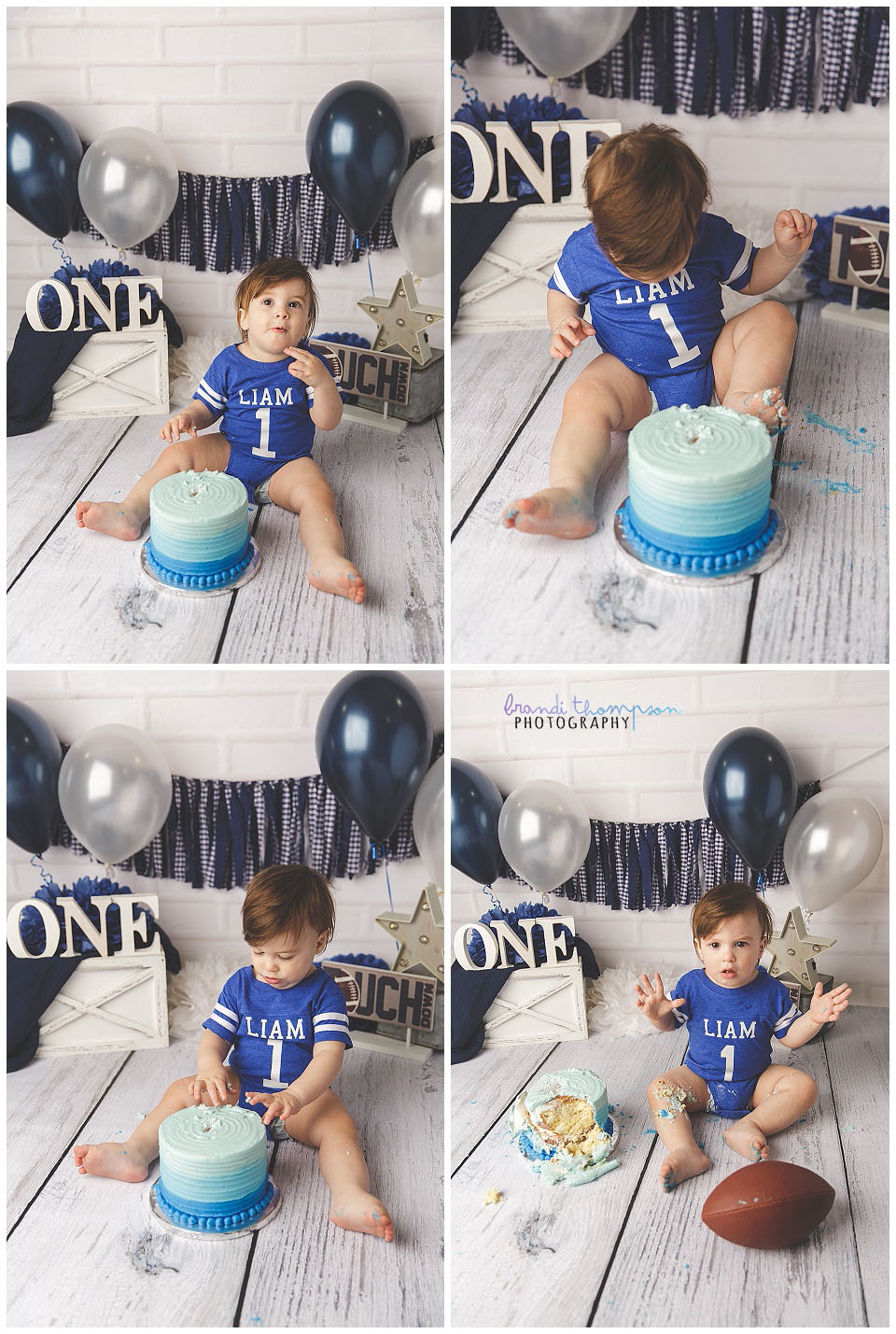 navy and white theme first birthday cake smash session with baby boy in plano, tx