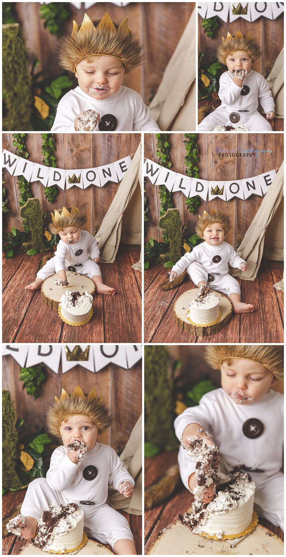 where the wild things are themed cake smash with one year old boy in white outfit with crown and wood backdrop