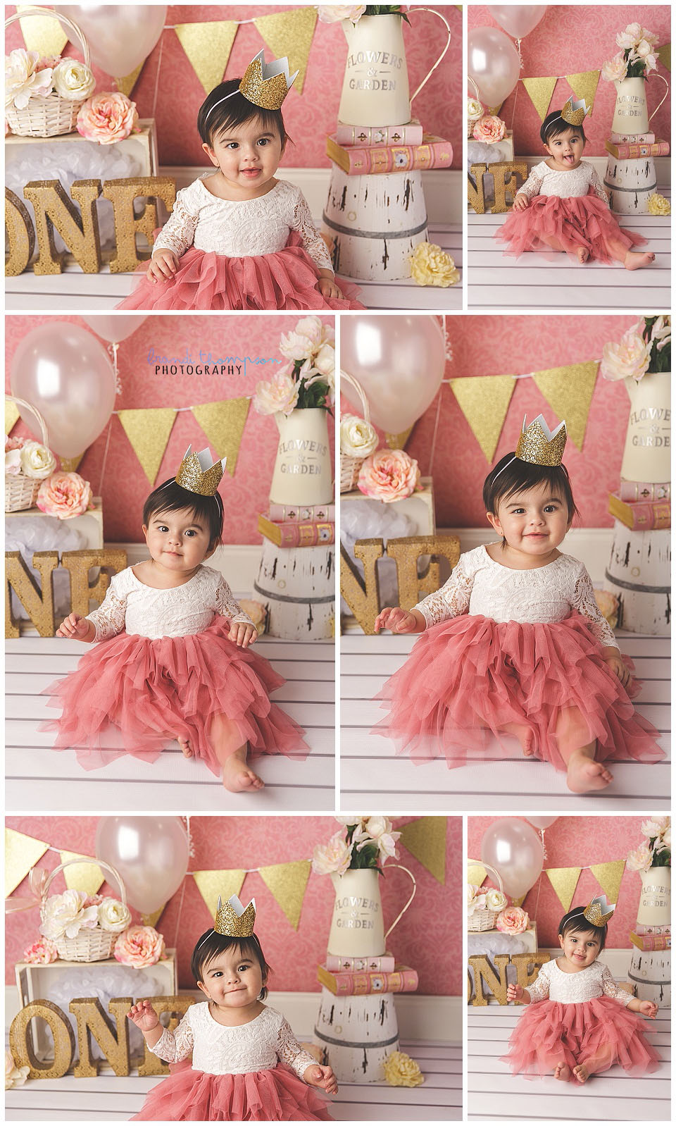 pink and gold boho floral theme cake smash session for one year old girl in plano tx photography studio