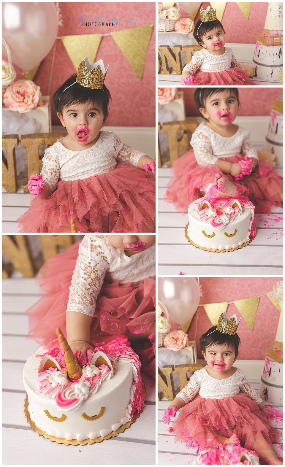 pink and gold boho floral theme cake smash session for one year old girl in plano tx photography studio
