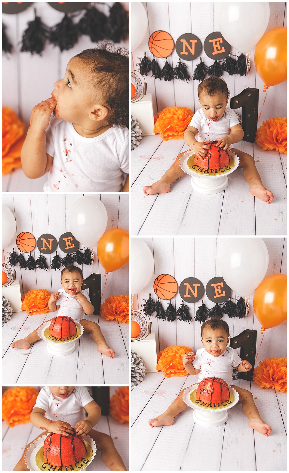 white, black and orange basketball themed cake smashe for one year old boy, wearing a white onesie 