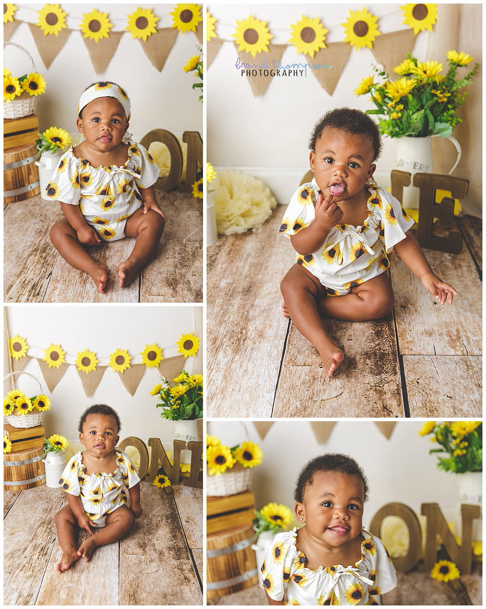 Black baby girl first birthday studio session with a sunflower theme. plano, tX 