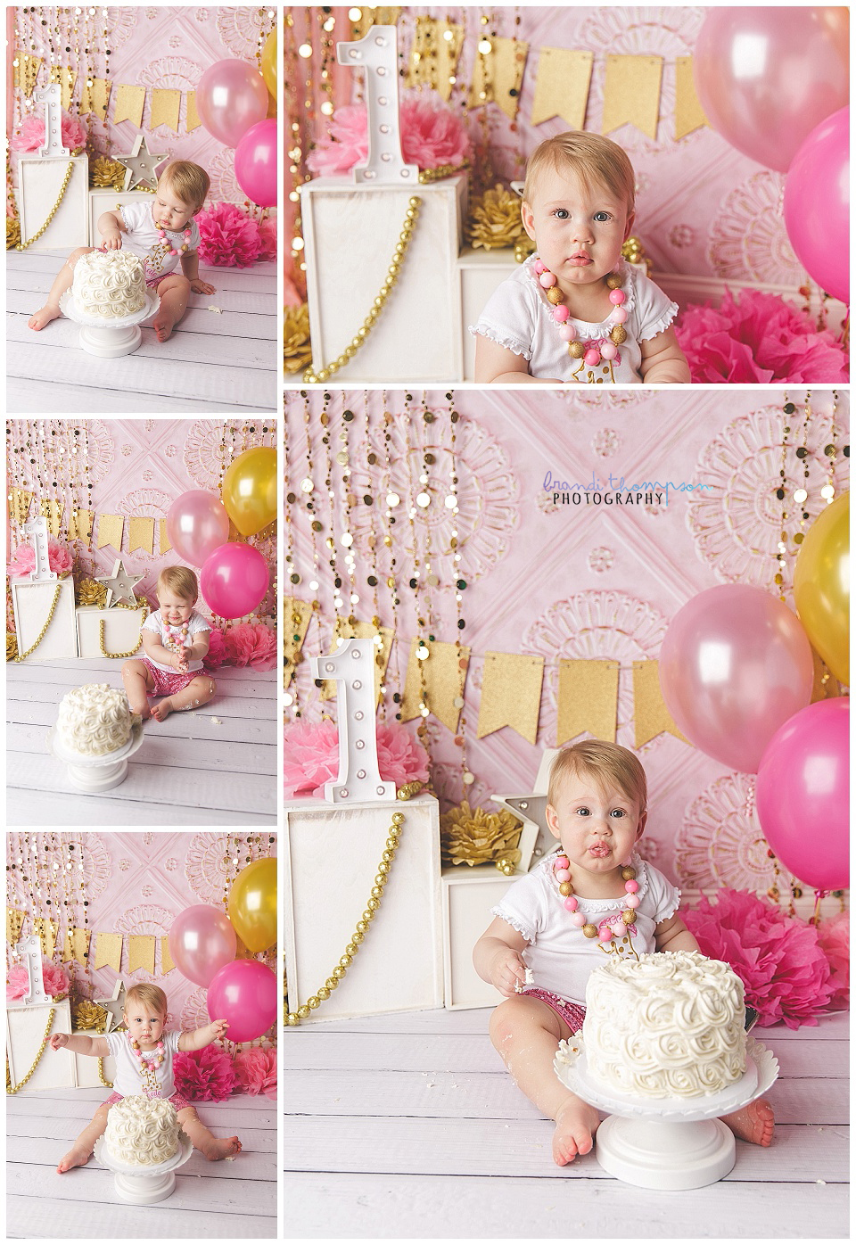 studio cake smash for one year old baby girl in a pink, gold and white set, in plano, tx