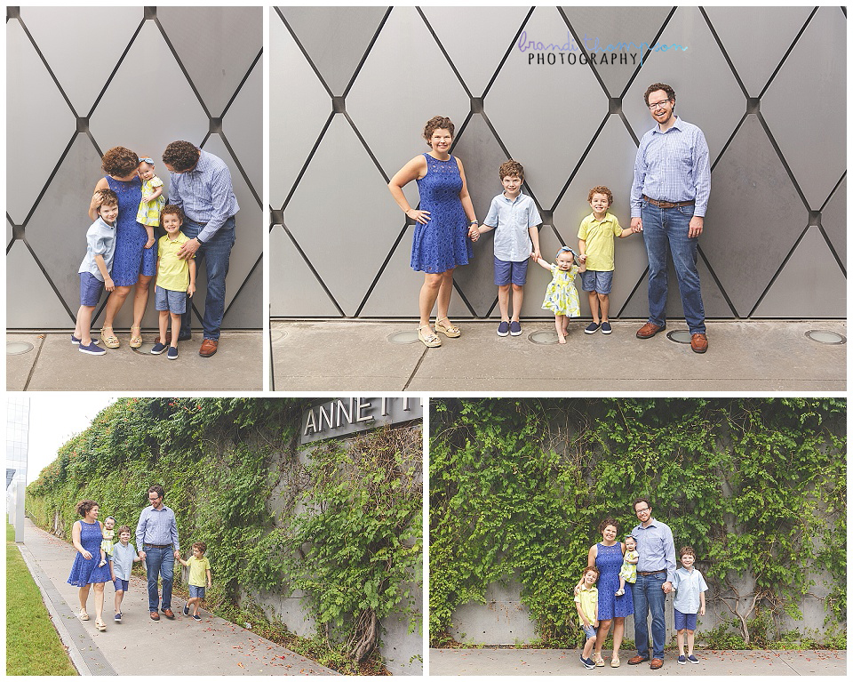 Outdoor family photos in downtown dallas with family of five, two parents and three kids