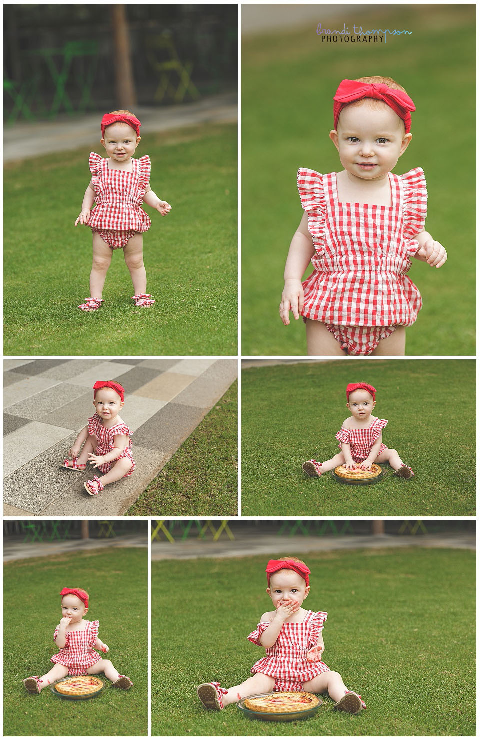 pie smash in outdoor dallas with baby girl in red and white gingham