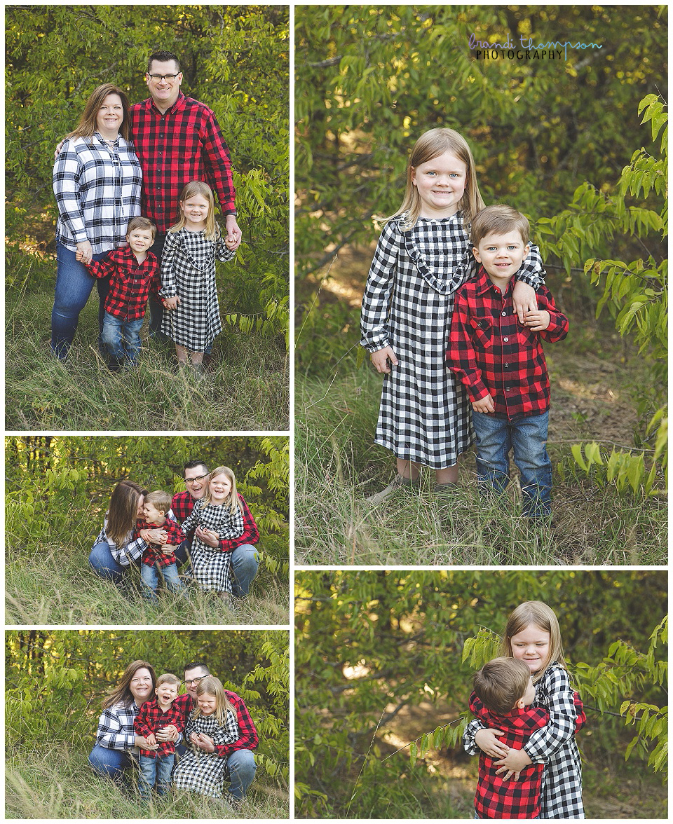 outdoor fall family photos in plano tx, with a dad, mom, daughter and son, wearing plaid shirts