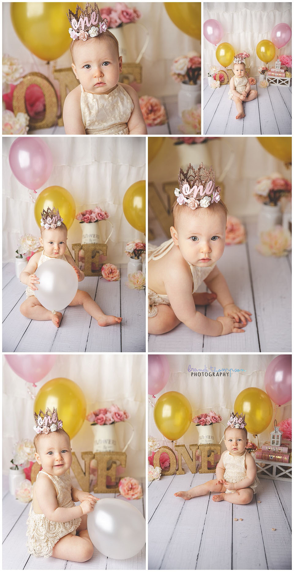 pink and gold cake smash theme with one year old baby girl in plano studio