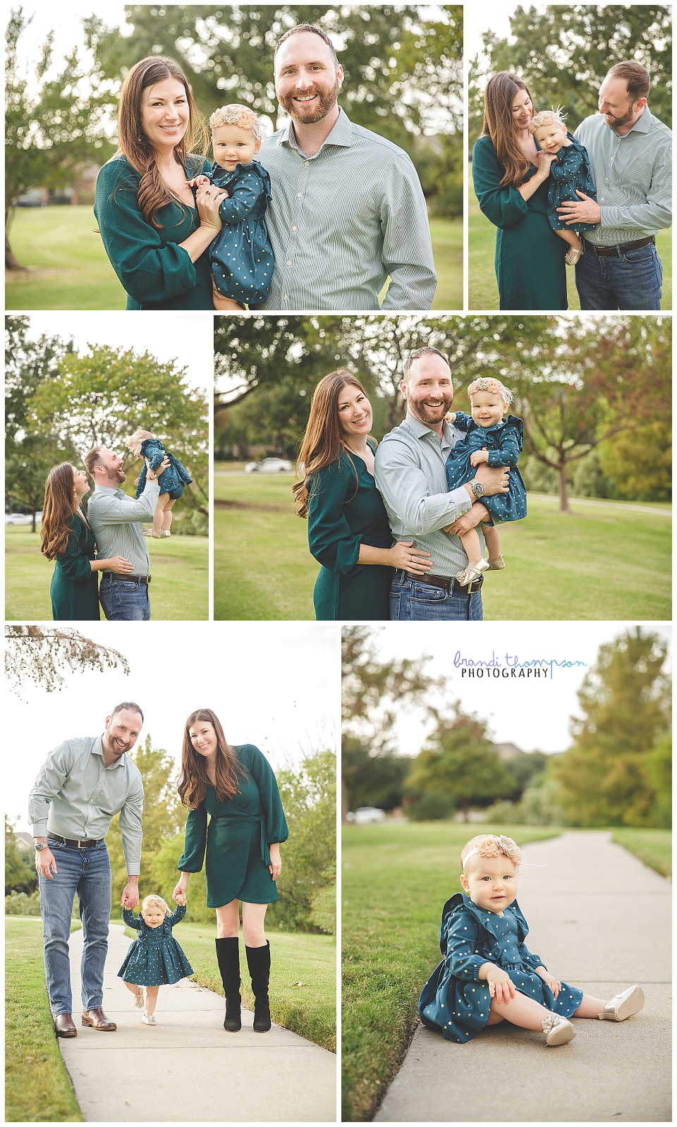 outdoor family photos in green area in plano tx with mom, dad and one year old baby girl
