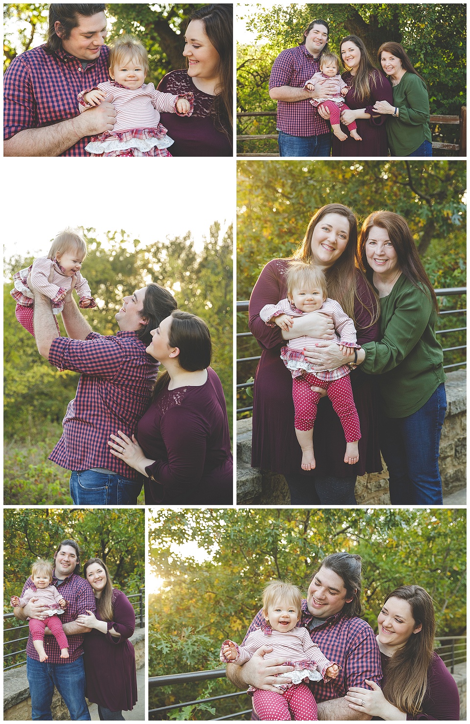 outdoor fall family photos with mom, dad, one year old girl and grandma in plano, tx