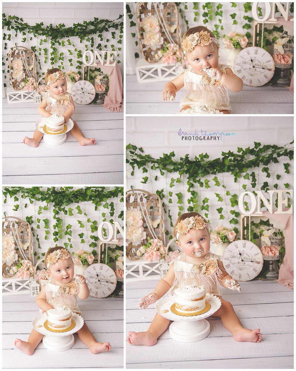indoor garden themed cake smash with white backdrops and one year old baby girl in plano, tx 