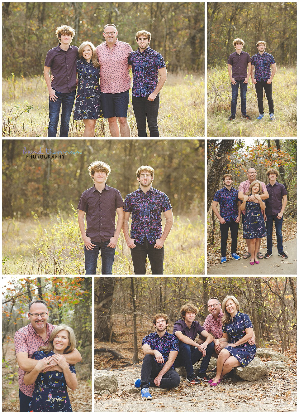 outdoor fall family session at arbor hills in plano, with two teenage boys, mom and dad