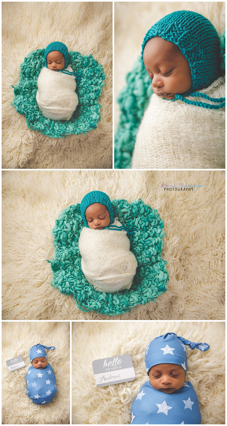 newborn baby on cream rug in teal and white, and blue with stars