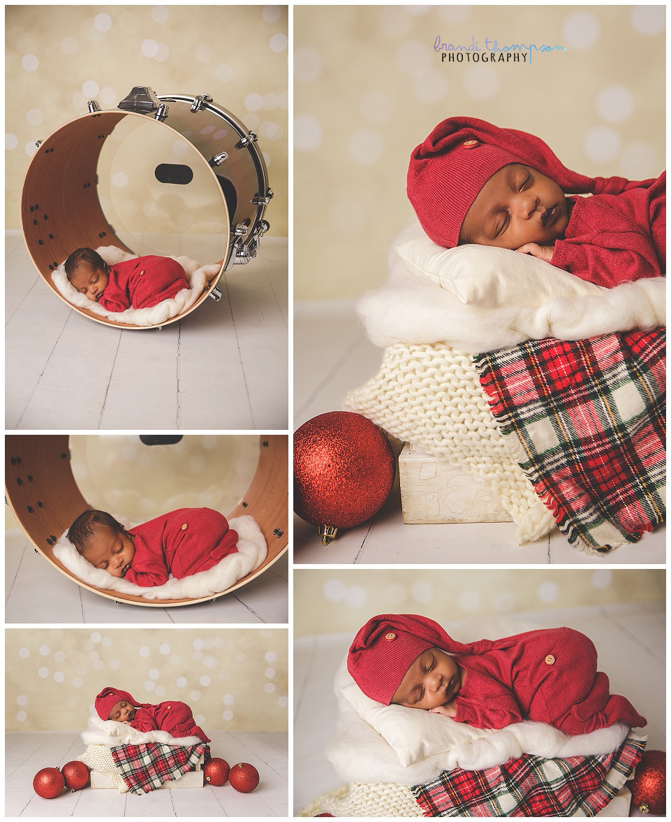 newborn baby in drum, newborn baby in red and white holiday themed set