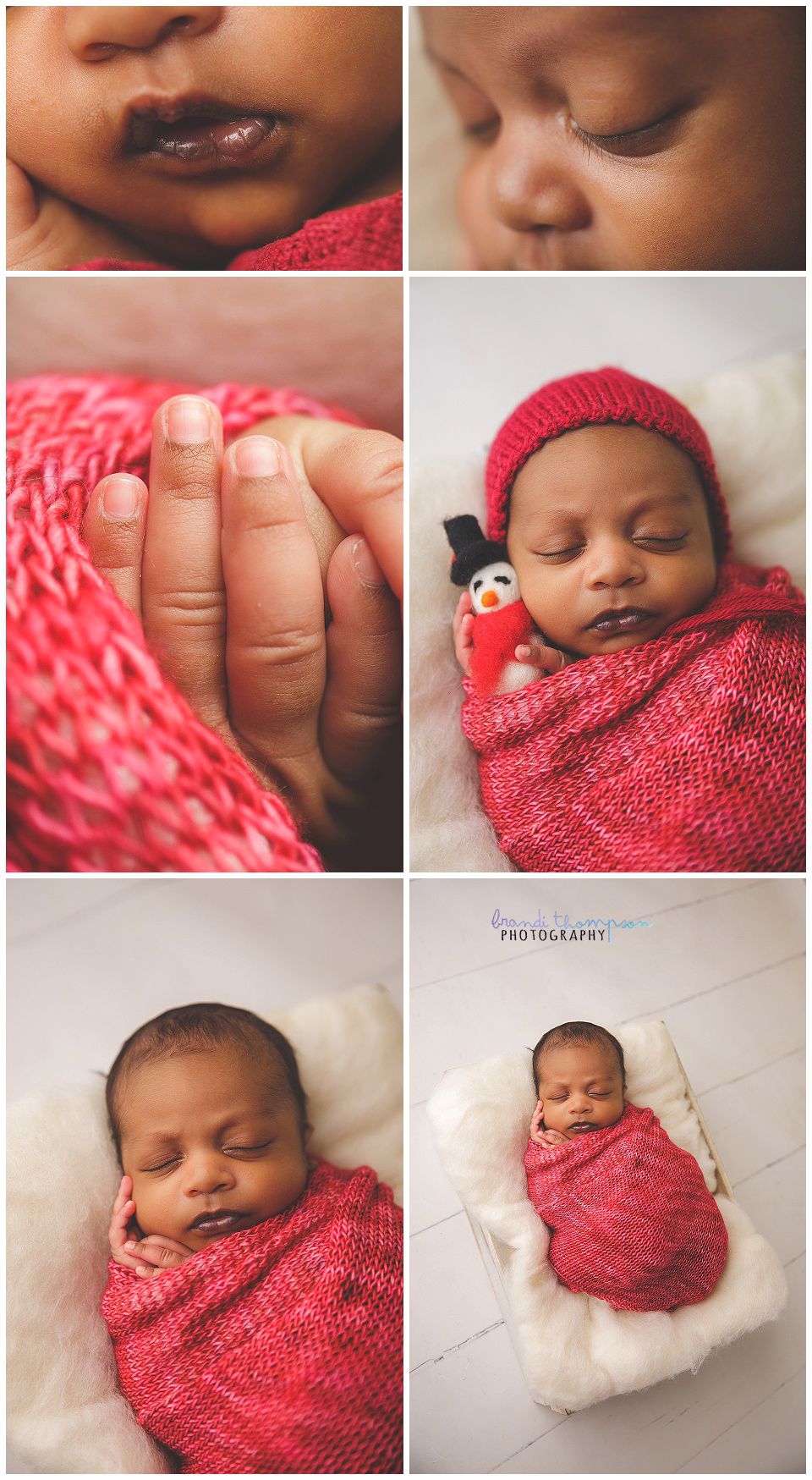 close up of newborn baby and baby in red wrap and hat