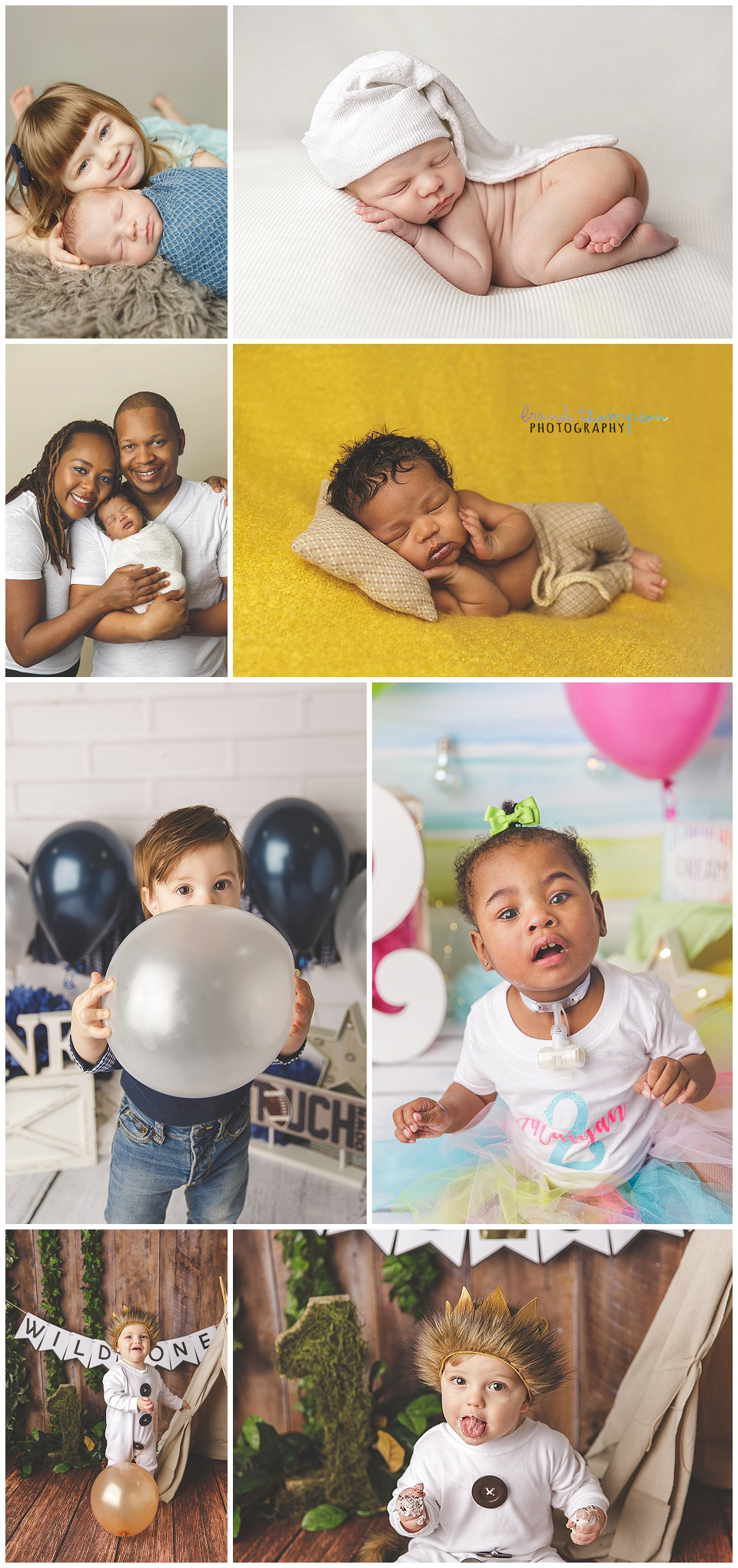 A collage of newborn, first birthday and toddler photographs