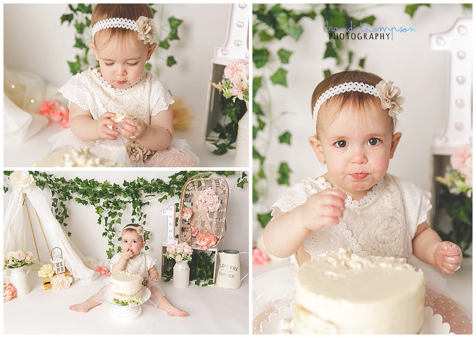indoor cake smash studio photos with a white, cream and boho floral theme