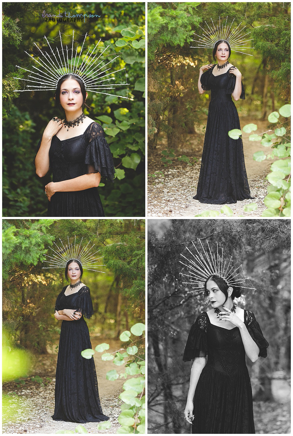 outdoor photos of 30th birthday session with a goth theme, a long, lacy black dress and silver starburst style crown