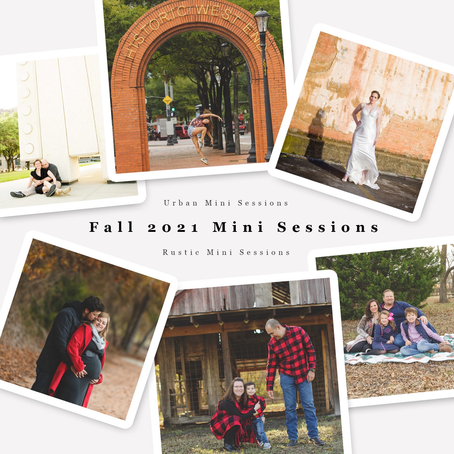 advertising collage with six photos, three urban location in dallas, three rustic location in plano, text reads 'fall 2021 mini sessions'