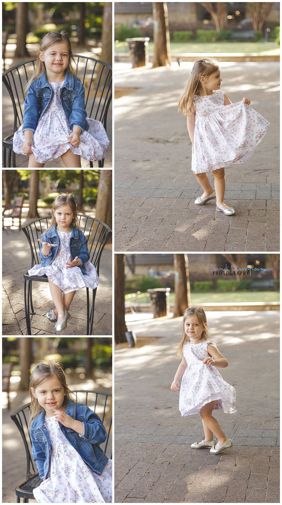 A three year old white girl with dark blond hair, in a collage of photos outdoors