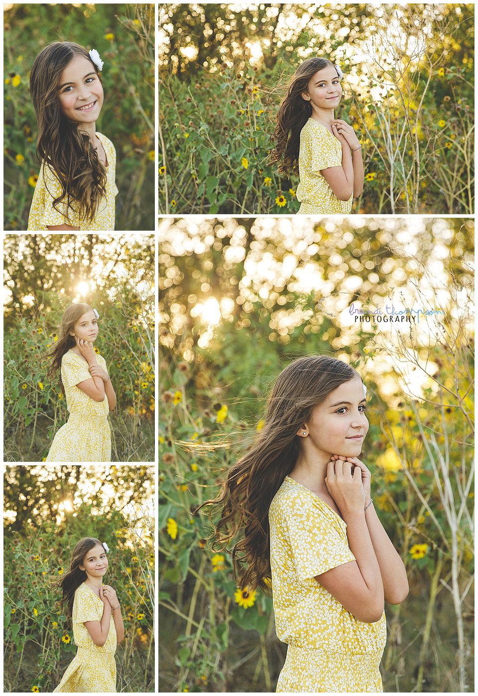 photos outside in front of tall grass and sunflowers with a sunset backround. A white tween girl with long brown hair in a yellow dress and a variety of poses.