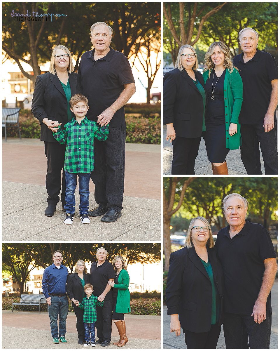 outdoor city family photos with grandparents, parents and young boy. They are wearing black, green and blue