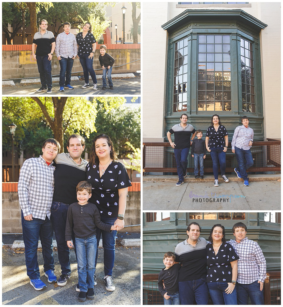 family photos with a white family, dad, mom, teenage boy and younger boy in an outdoor urban setting