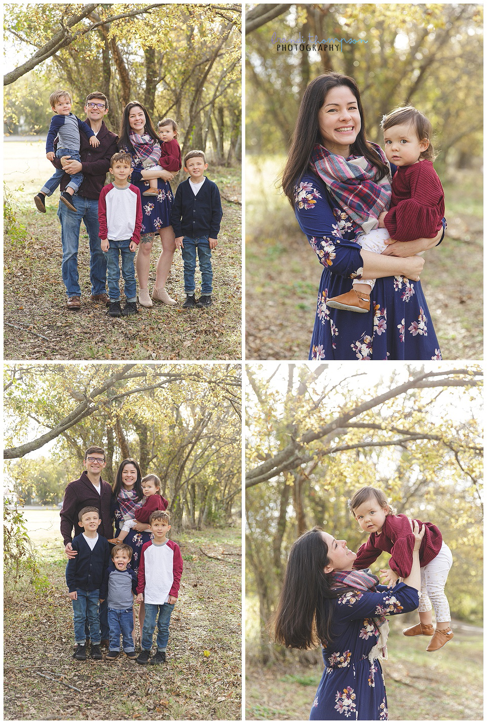 outdoor natural photos of a light skinned family with four young kids, dad, mom, twin school age boys, preschool boy and toddler girl