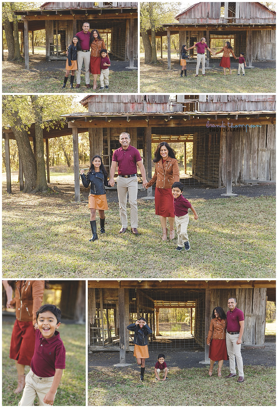 outdoor family photos of a south Asian family with dad, mom, tween girl and preschool boy wearing colors of mustard, tan, orange and dark red