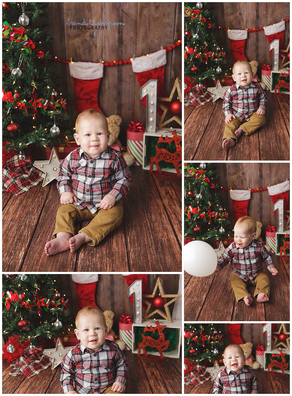 one year old white baby boy in a christmas themed indoor set with dark wood background, doing a cake smash