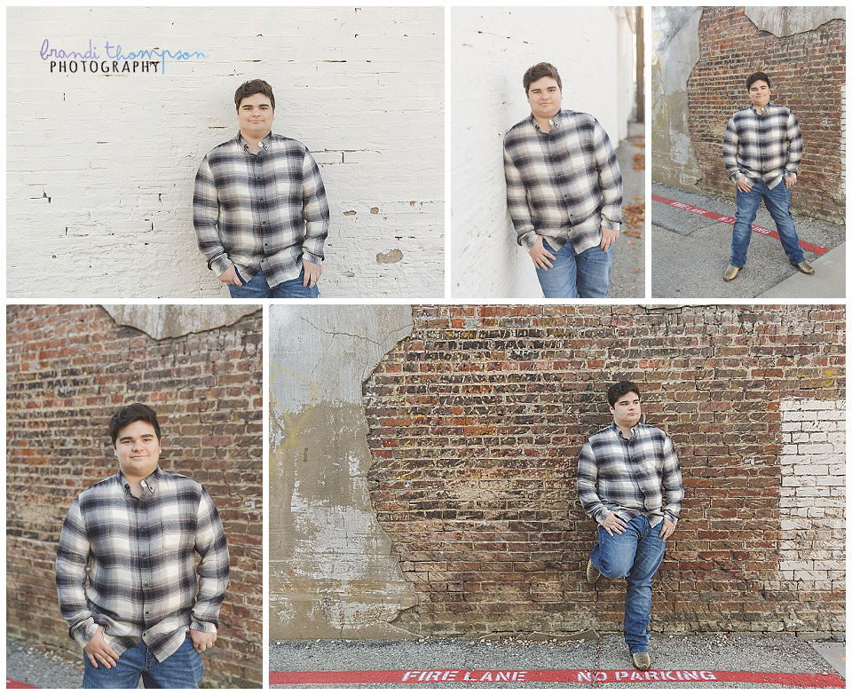 urban mckinney senior session with white teen boy in black and white plaid shirt and blue jeans