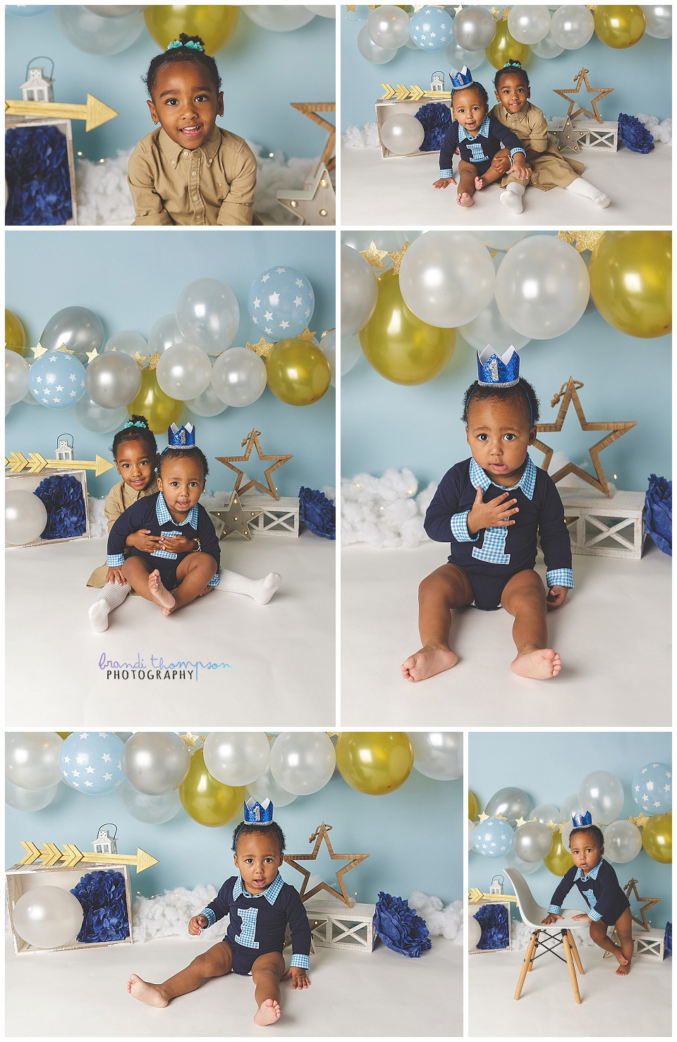 one year old Black boy in a blue and white set for a first birthday cake smash, some photos with his older sister
