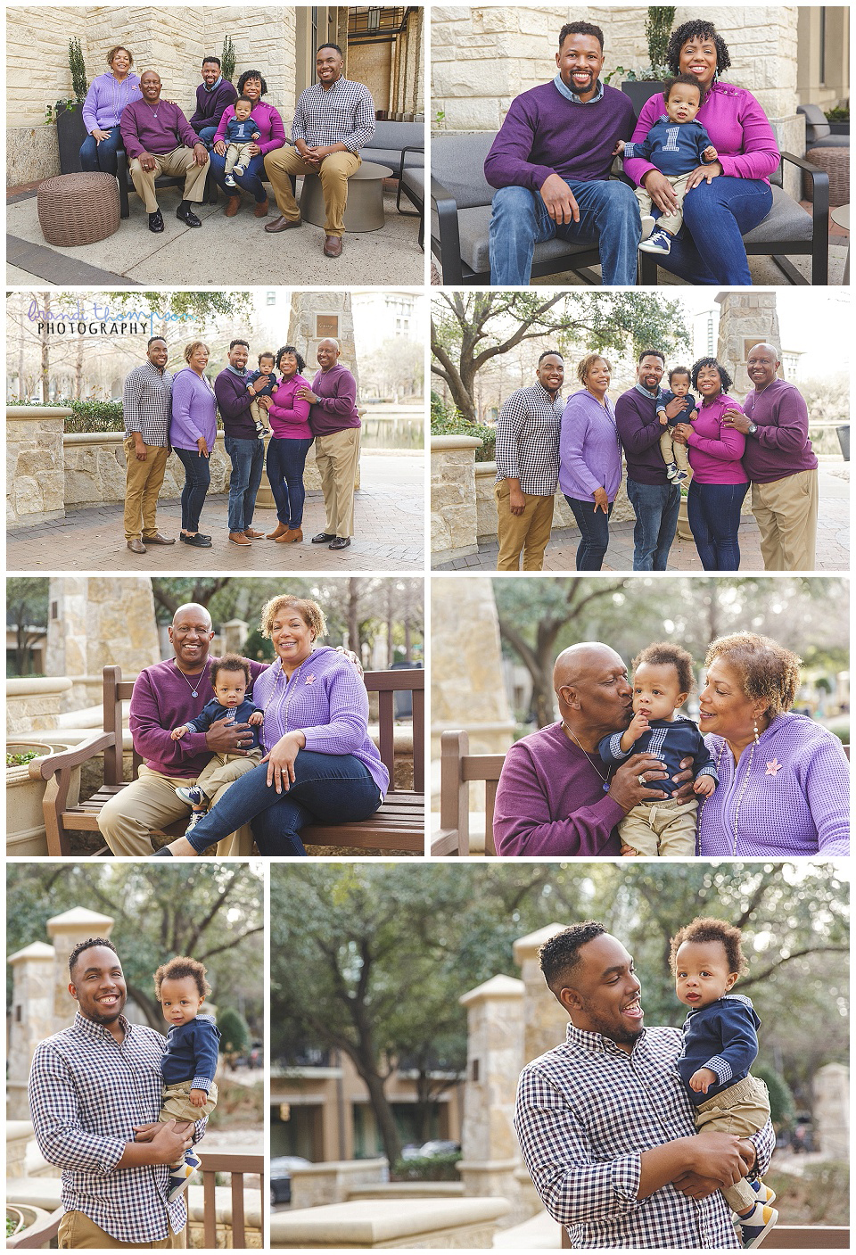 first birthday cake smash and outdoor family photos for one year old Black boy with parents, grandparents and uncle