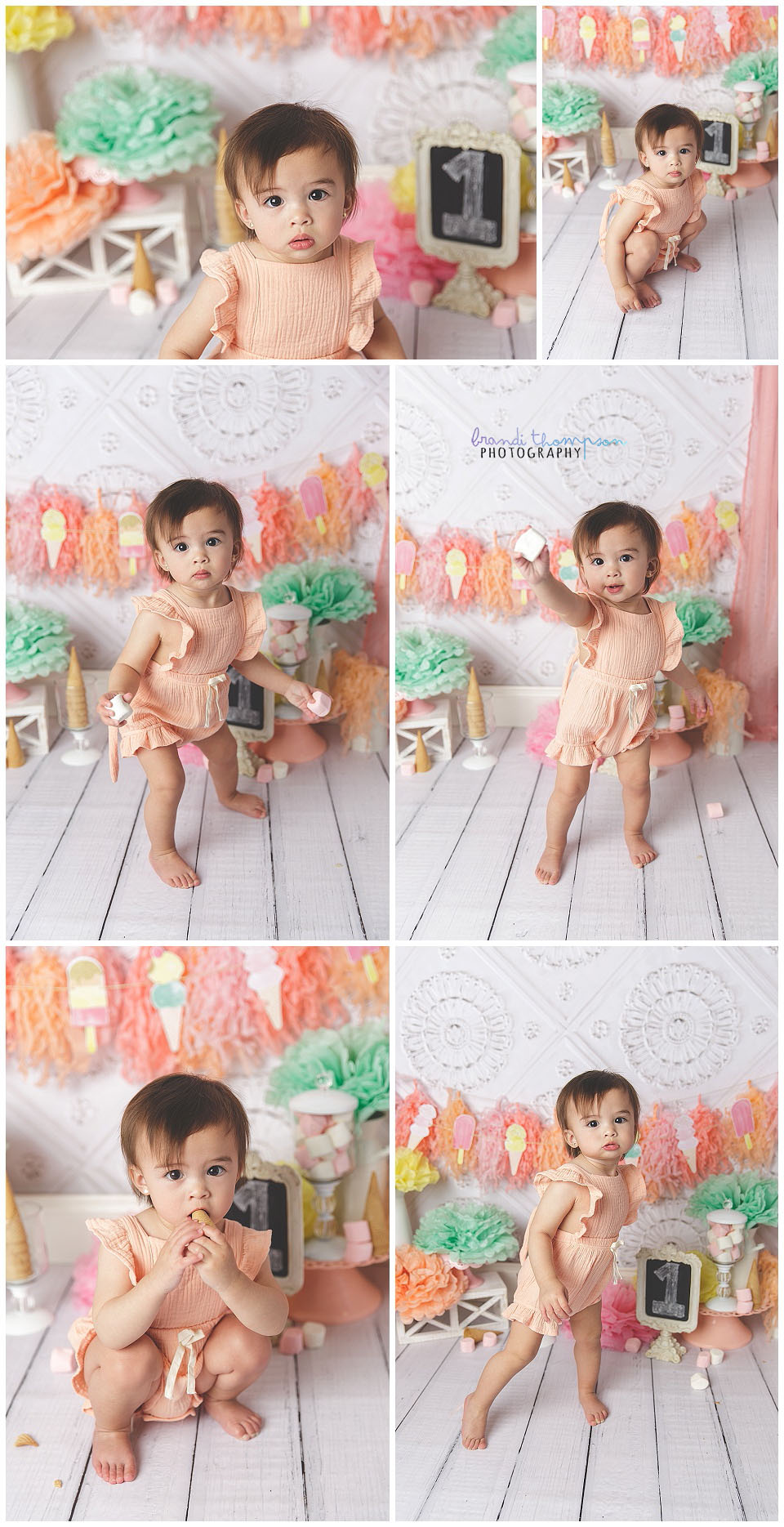 one year old baby girl with medium skin tone and dark hair, in studio with white and pastel decorations, cake smash