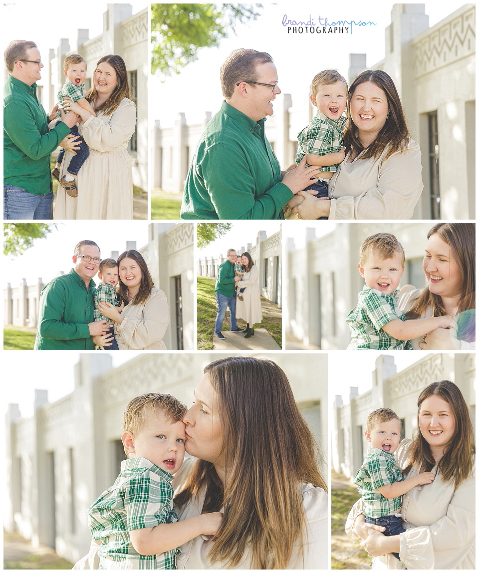 Outdoor family photos with white family, dad, mom and two year old boy, in shades of cream, green and denim