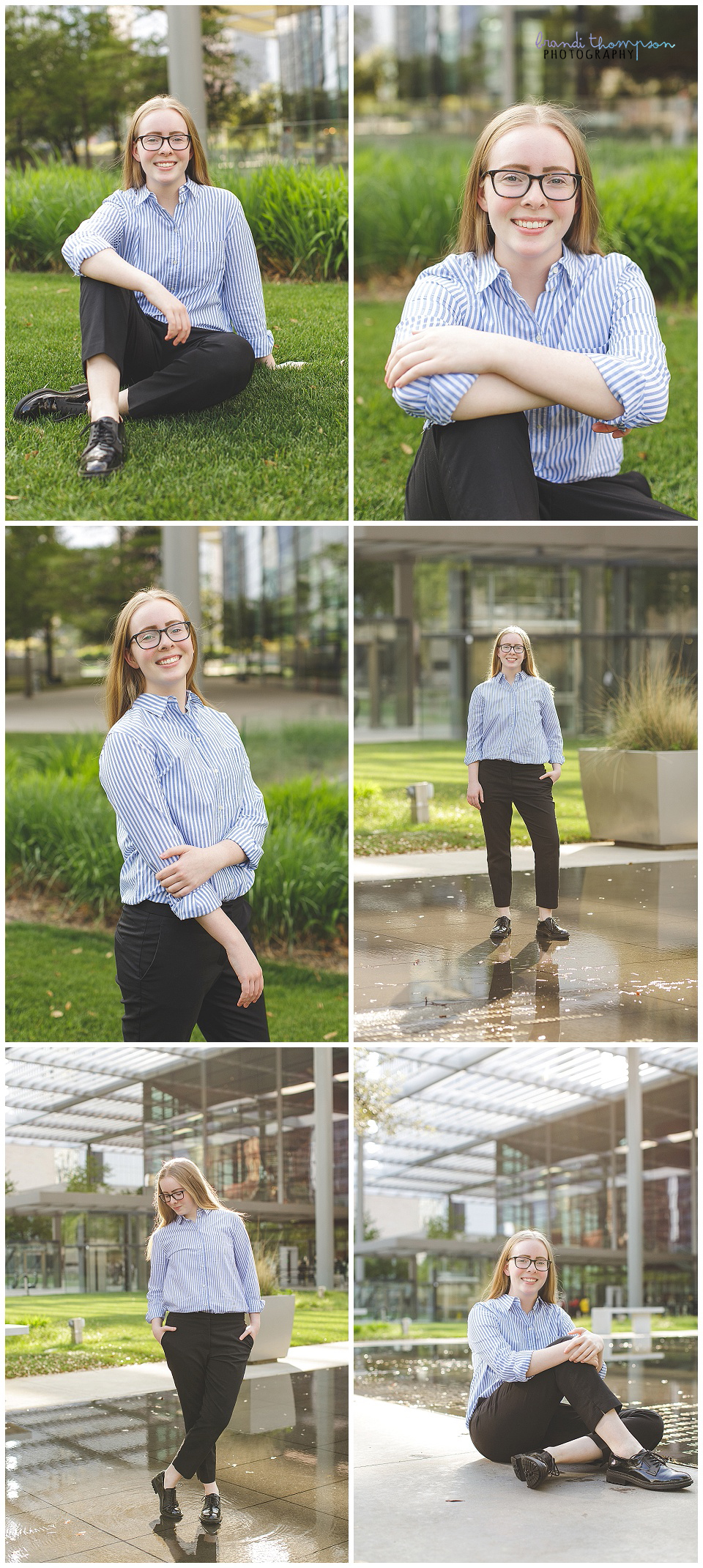 outdoor senior photos of a slim long hair blond young person in black slacks and light blue button down shirt