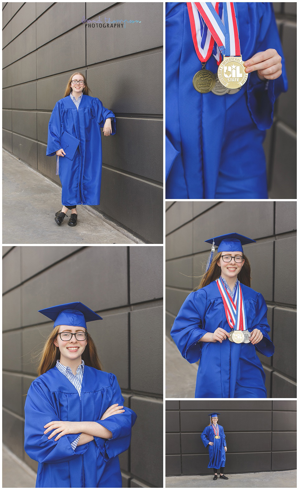 senior with long blonde hair in blue cap and gown and medals