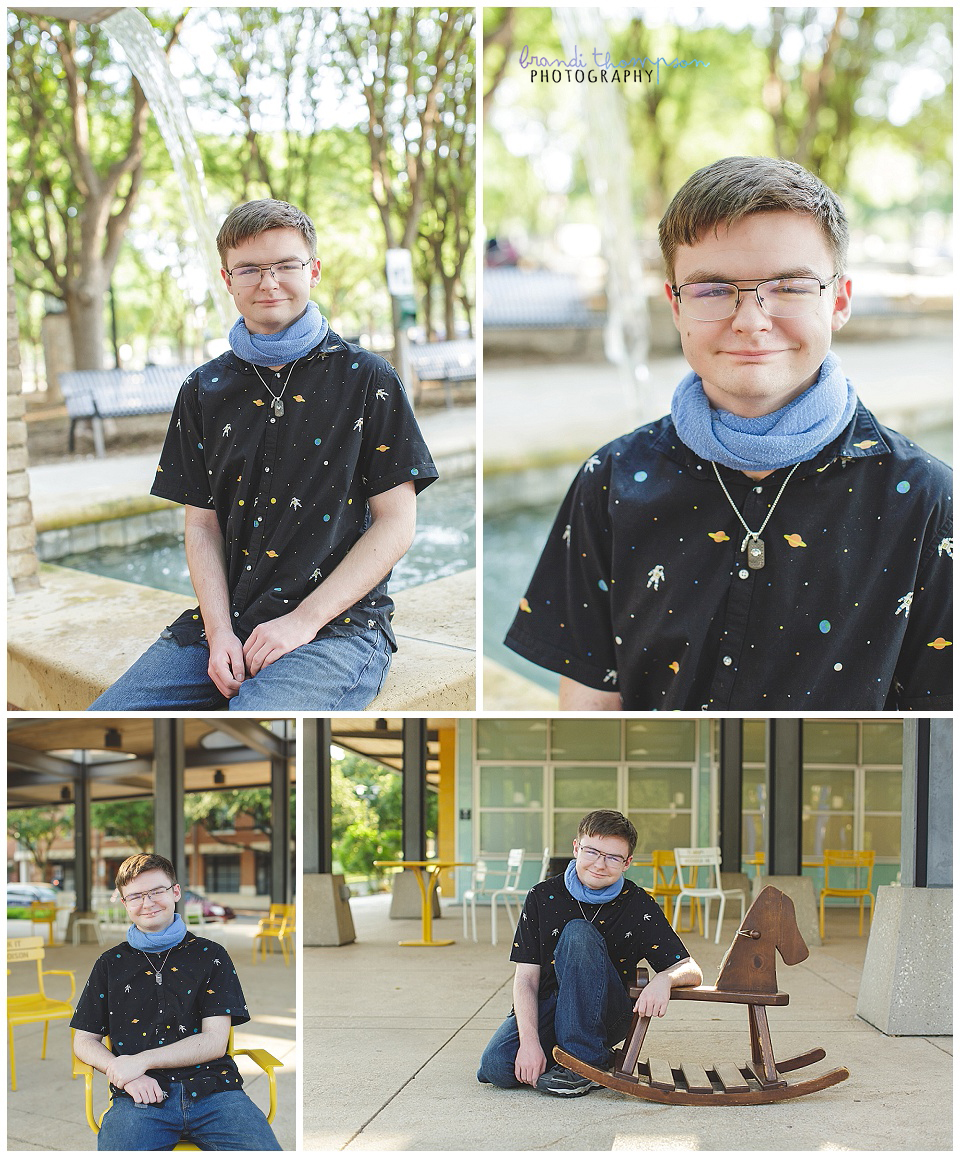 photos are of an older white teenage boy wearing a black button down shirt and jeans with a blue scarf in various positions, he has medium brown hair and glasses