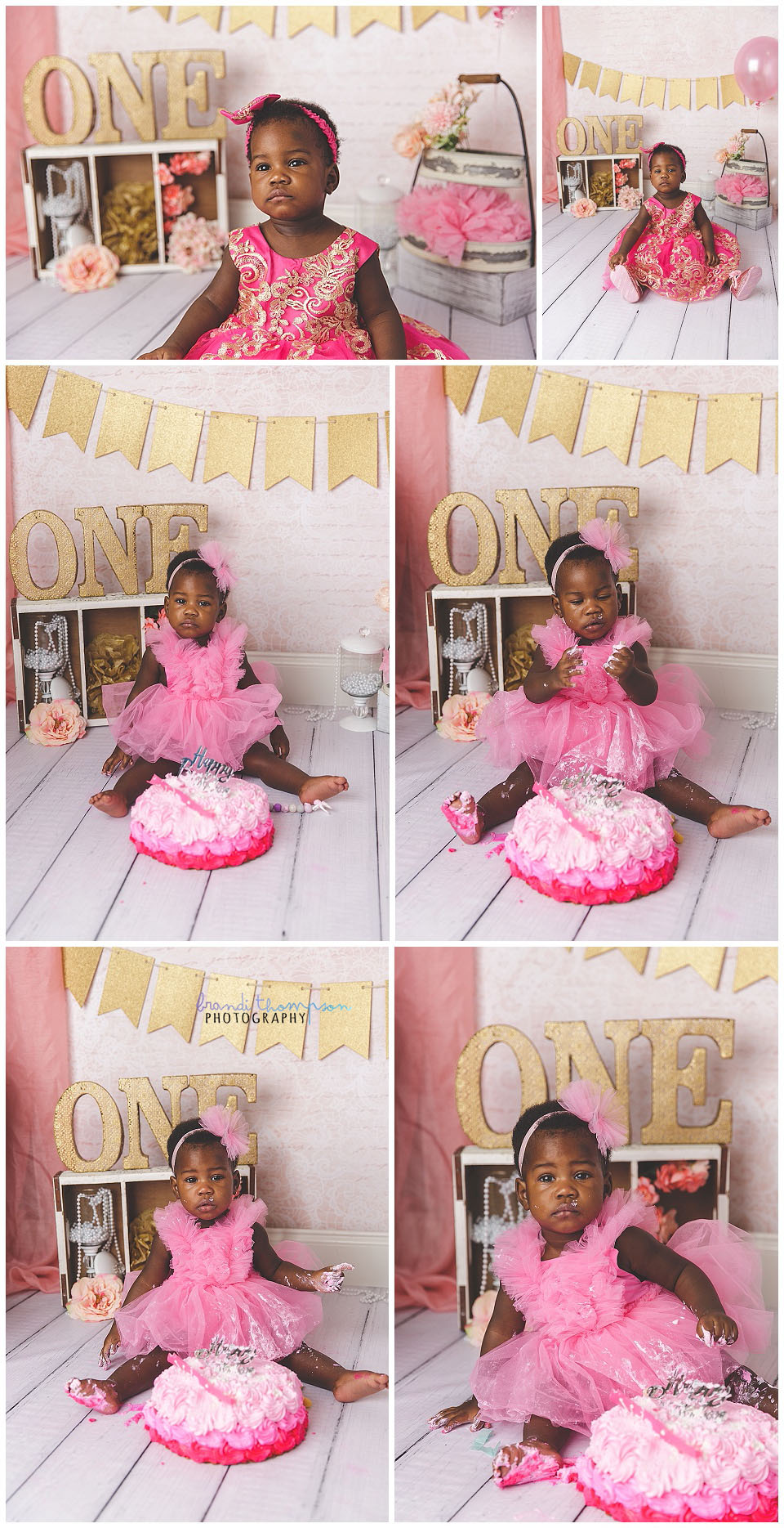 studio photos of a Black one year old in pink princess style dress with pink and gold background