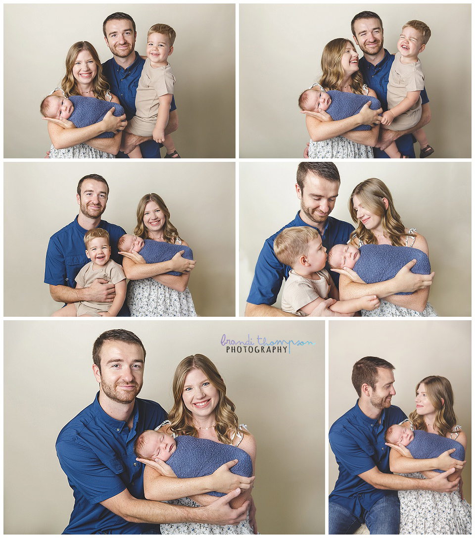 A collage of six photos of a white family with toddler son and newborn son, wearing shades of blue and white with a cream background.