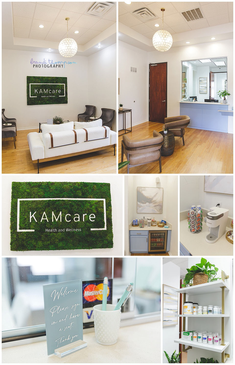 collage of photos of a medical office in shades of white, light blue, and earthy green