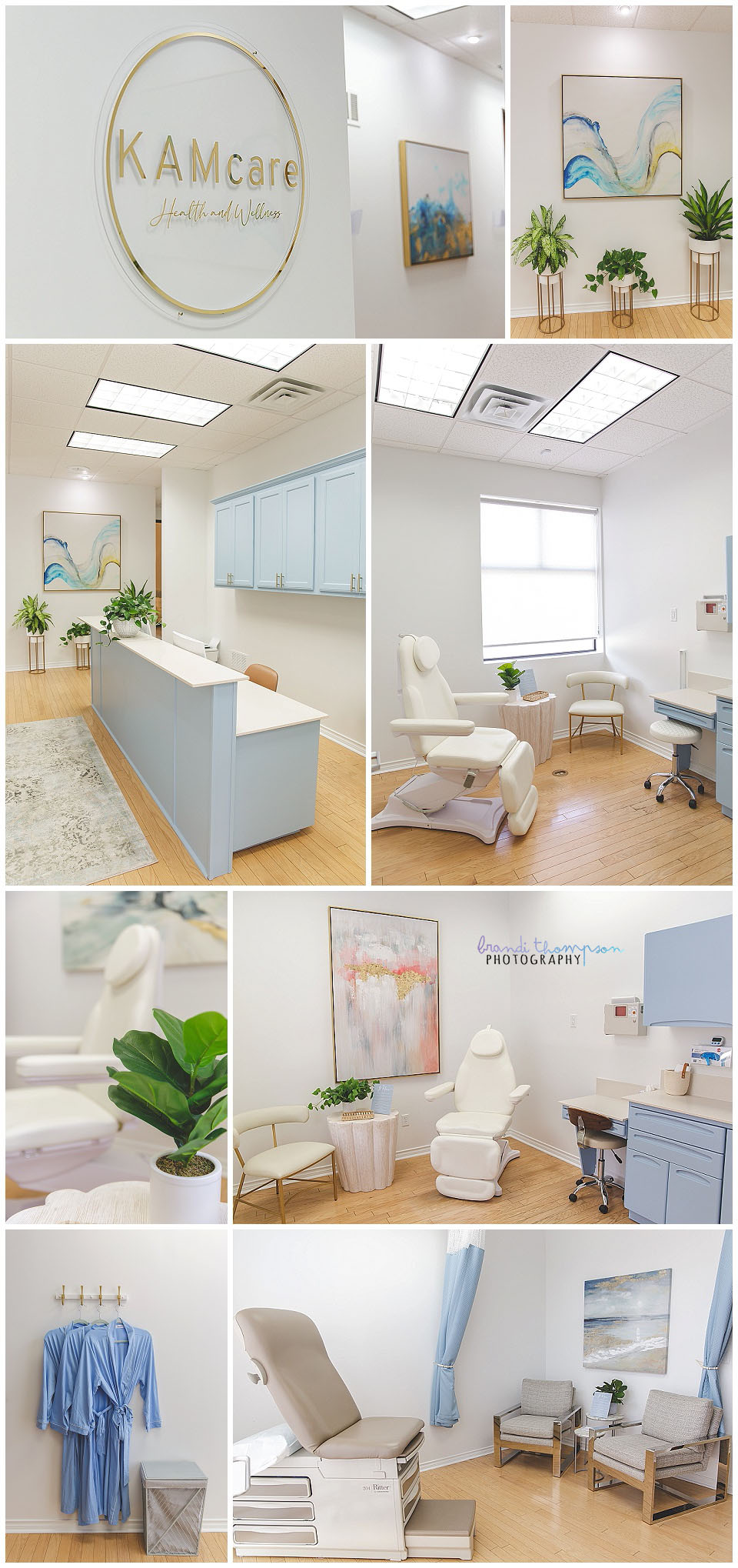 collage of photos of a medical office in shades of white, light blue, and earthy green